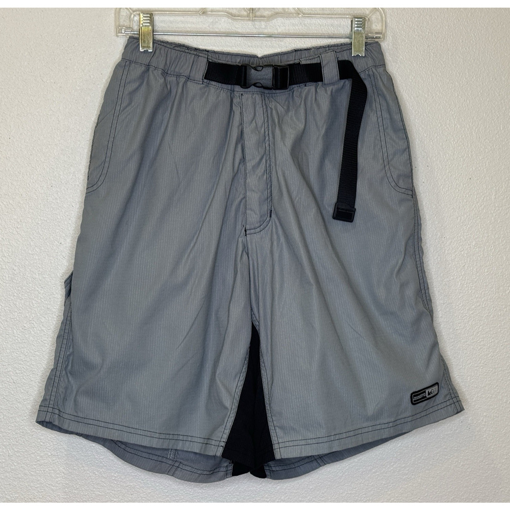 REI‎ Riding Outdoor Ripstop Shorts Mens Medium Gray Elastic Belted Waist Padded